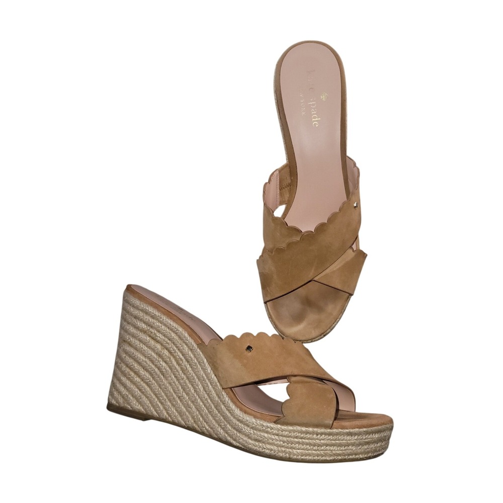 Kate Spade New York Tegan Tan Suede Scalloped Wedge Slide Sandals Espadrille 10